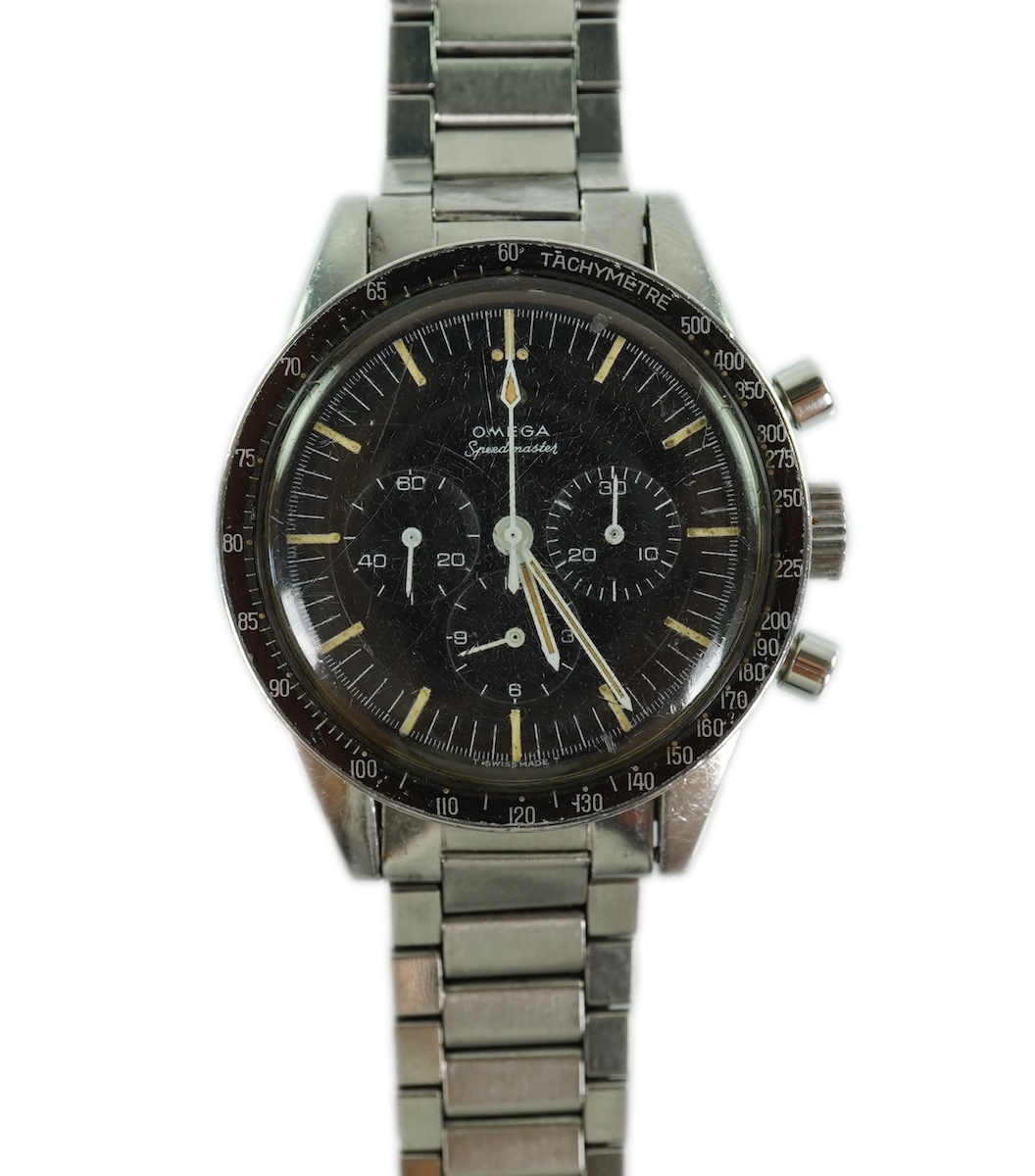 A gentleman's early 1967 stainless steel Omega Speedmaster 'Ed White' pre moon chronograph manual wind wrist watch